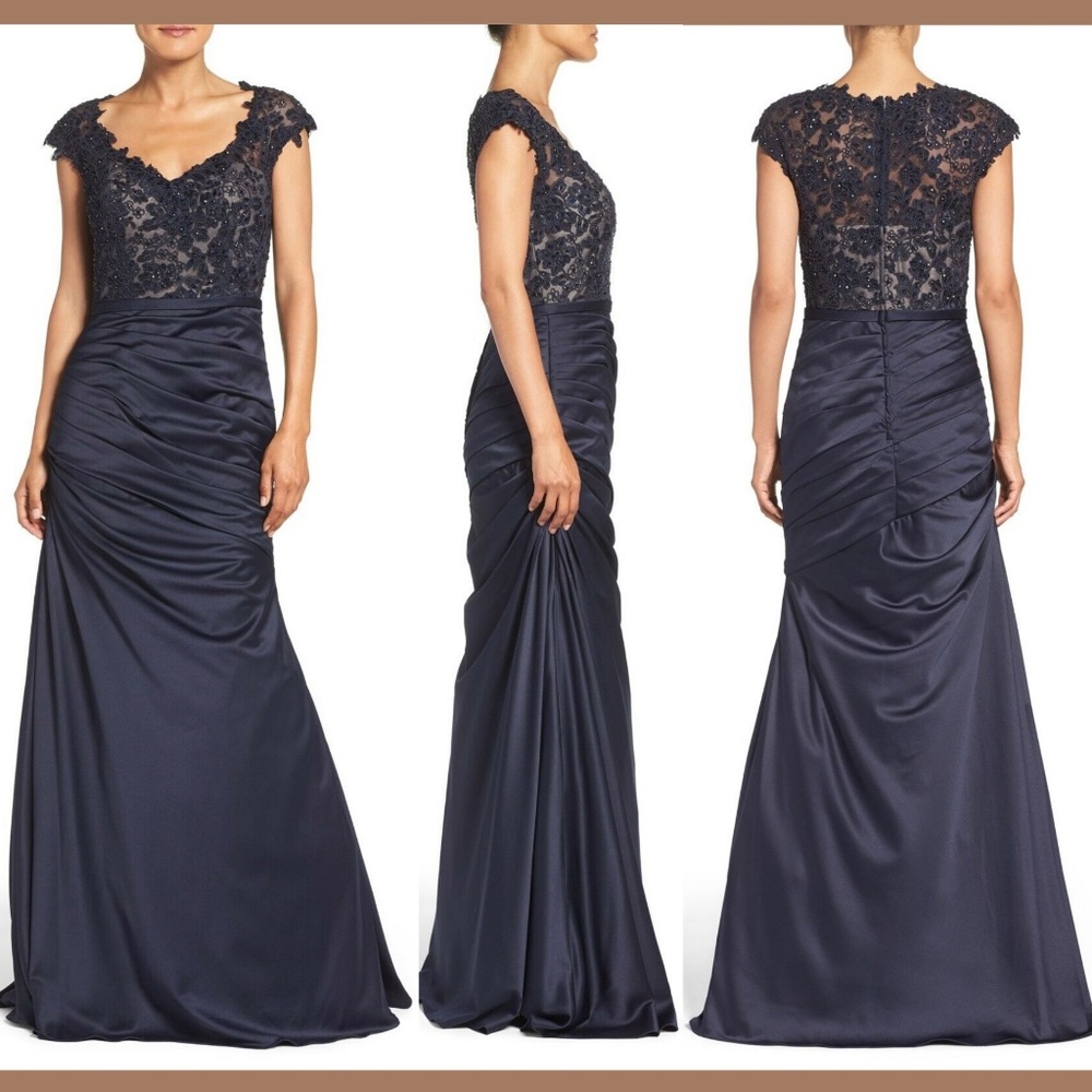 NWT $598 La Femme Embellished Lace‎ & Satin Mermaid Gown Navy Blue [SZ 4 ]